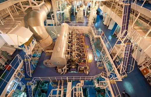Close view of the crude oil tanker's engine room.